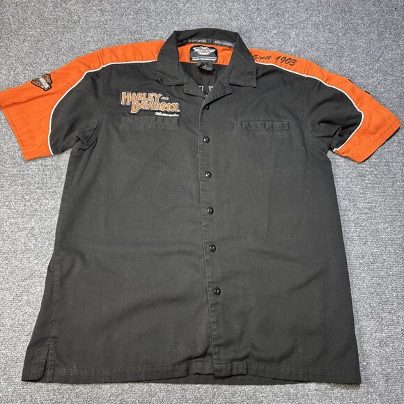 VTG Harley Davidson Mechanic Shirt Men's L Logo Embroidery Patches SS Orange Blk - Picture 3 of 9